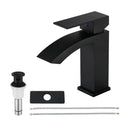 EZANDA Brass Waterfall Bathroom Faucet Large Rectangular Spout Pop-up Drain Assembly & Water Supply Hoses Matte Black 14254