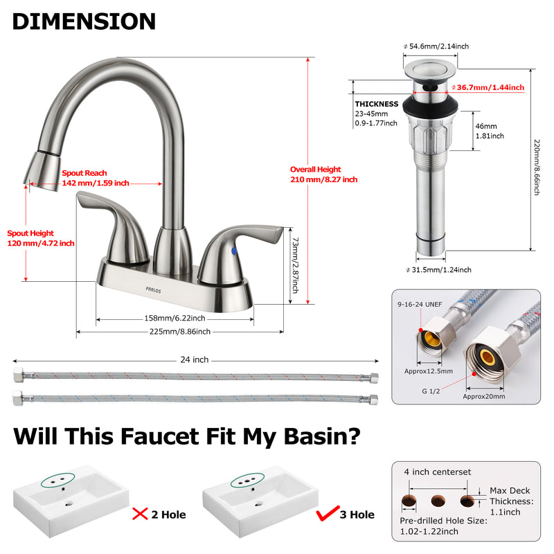 PARLOS Bathroom Sink Faucet with Pull Out Sprayer, 2 Handle Bathroom Pull Down Faucet with 360 Swivel Spout, Centerset 4 Inch Vanity Sink Faucet, Brushed Nickel, 1.2 GPM, 1438902P