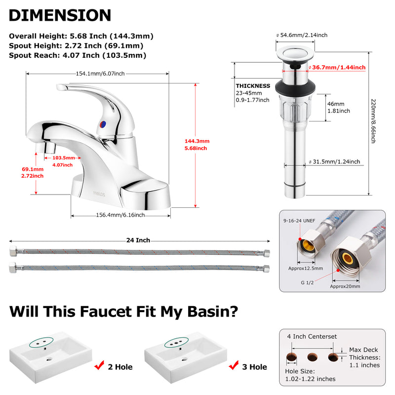 PARLOS Single Handle Centerset Bathroom Chrome Sink Faucet with Drain Assembly and cUPC Faucet Supply Lines,1.5GPM, 13433