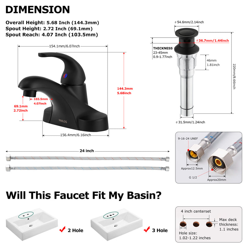 PARLOS Single Handle Mid Arc Centerset Bathroom Sink Faucet with Metal Pop-up Drain and cUPC Faucet Supply Lines, Lead-Free, Matte Black 1343304P