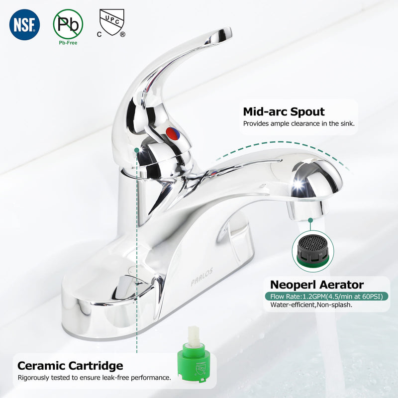 PARLOS Single Handle 4-in Centerset Bathroom Sink Faucet with All Metal Pop-up Drain & Faucet Supply Lines, Chrome, 1.2 GPM Flow Rate, 13433P