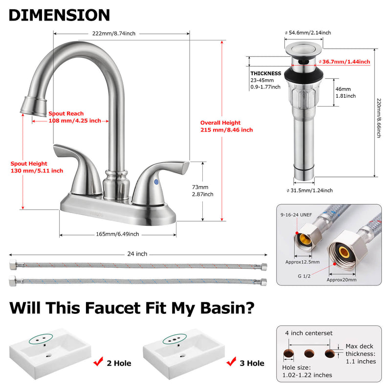 PARLOS Two-Handle Bathroom Sink Faucet with Metal Pop-up Drain cUPC Mixer Double Handle Faucet Brushed Nickel, 1.5 GPM (13591)