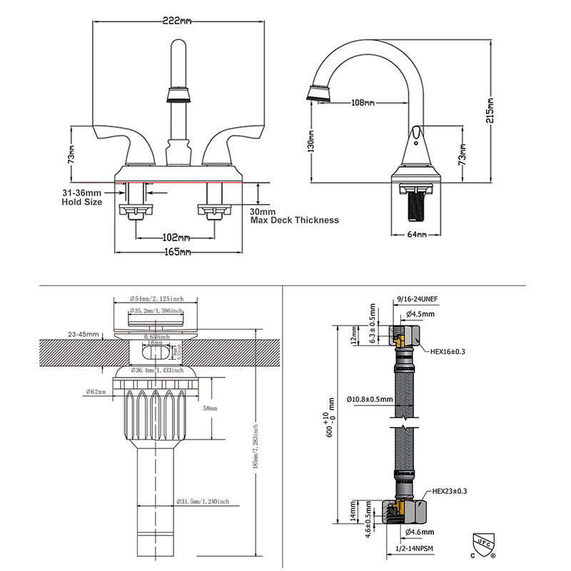 PARLOS Double-Handle Lavatory Faucet with Metal Drain Assembly cUPC Bathroom Two-Handle Oil Rubbed Bronze, 1.5 GPM (13592)