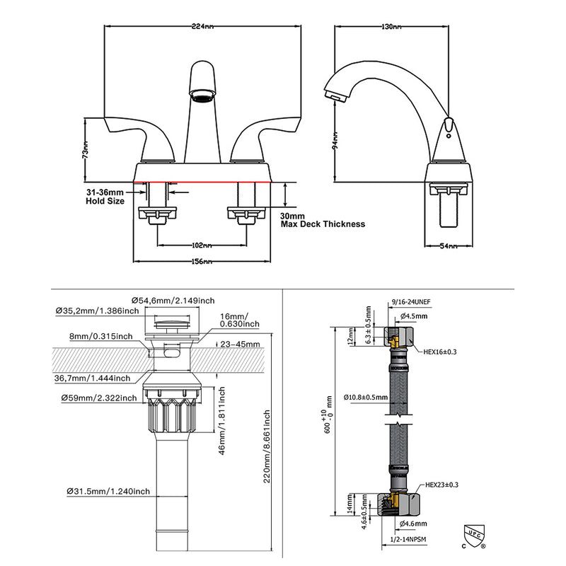 PARLOS Two-Handle Bathroom Sink Faucet 4 inch Drain Assembly Supply Hose Lead-free CUPC Deck Mounted Oil Rubbed Bronze,1.5 GPM (13597)