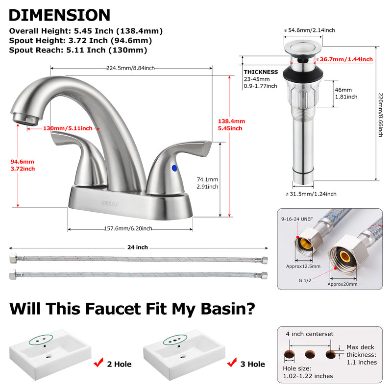 PARLOS 2-Handle Bathroom Sink Faucet with Drain Assembly and Supply Hose Lead-Free cUPC Lavatory Faucet Mixer Double Handle Tap Deck Mounted Brushed Nickel,1.2 GPM Flow Rate (13598P)