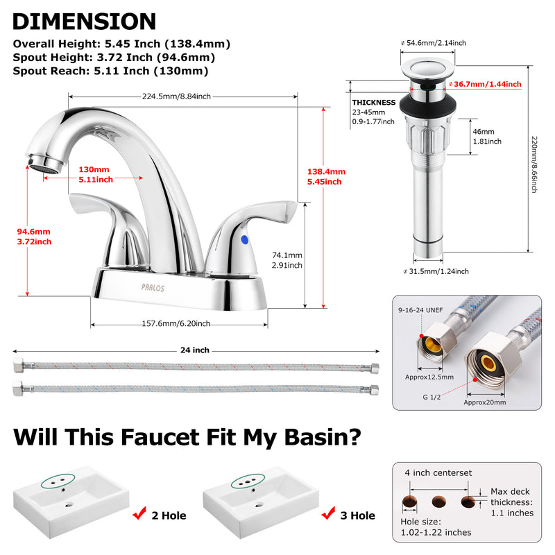 PARLOS 2-Handle Bathroom Sink Faucet with Drain Assembly and Supply Hose Lead-Free cUPC Lavatory Faucet Mixer Double Handle Tap Deck Mounted, Chrome, 1.2 GPM Flow Rate (1359801P)