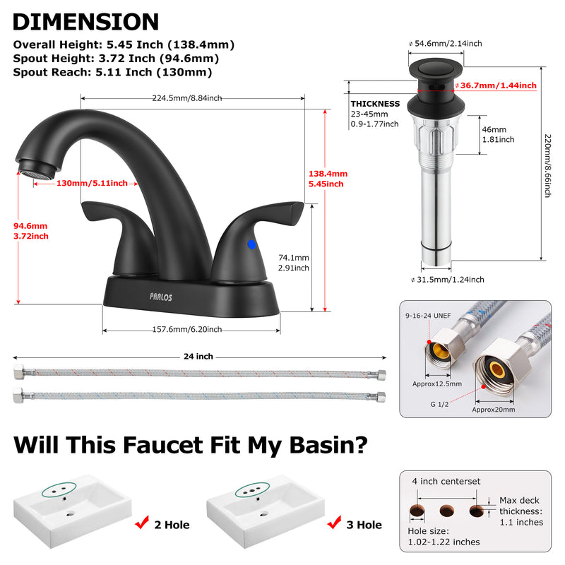 PARLOS 2-Handle Bathroom Sink Faucet with Drain Assembly and Supply Hoses Matte Black, 1.2 GPM (1359804P)