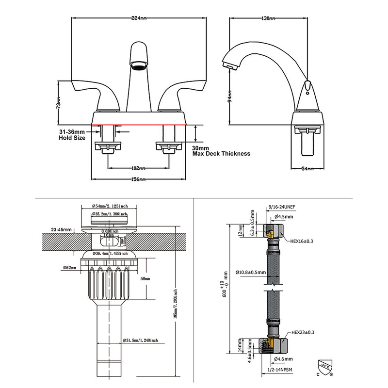 PARLOS 2-Handle Bathroom Sink Faucet with Drain Assembly Supply Hose Lead-Free cUPC Deck Mounted, Brushed Gold (1359808)