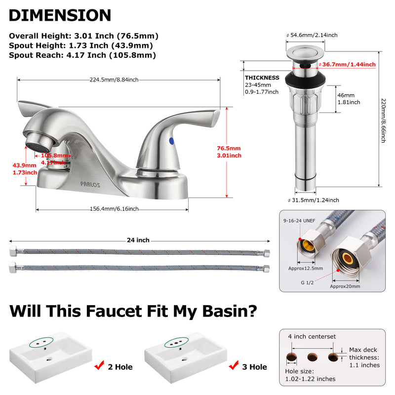 PARLOS Two-Handle Bathroom Sink Faucet with Metal Drain Assembly and Supply Hose, Lead-Free cUPC,Brushed Nickel,1.2 GPM (13622P)