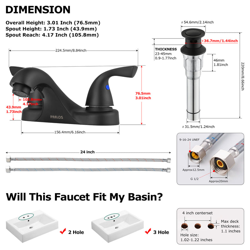 PARLOS Two-Handle Bathroom Sink Faucet with Metal Drain Assembly and Supply Hose, Lead-Free cUPC,Matte Black,1.2 GPM (1362204P)