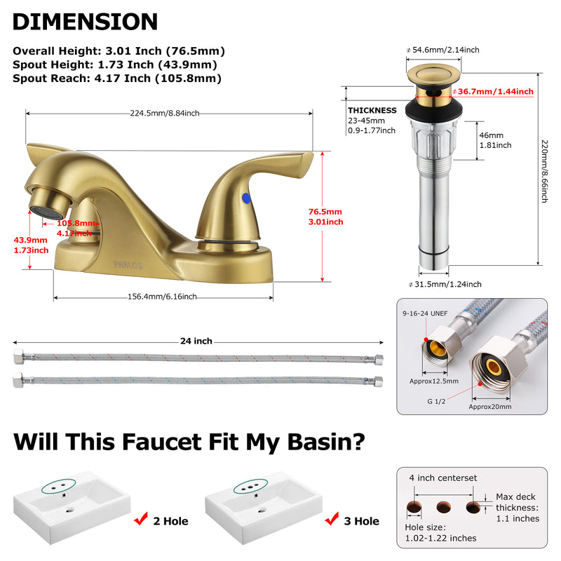 PARLOS Two-Handle Bathroom Sink Faucet with Metal Drain Assembly and Supply Hose, Lead-Free cUPC,Brushed Gold,1.2 GPM (1362208P)