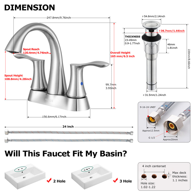 PARLOS 2-Handle Bathroom Sink Faucet with Metal Drain Assembly and and Faucet Supply Lines (1.2GPM, Brushed Nickel), 1362502