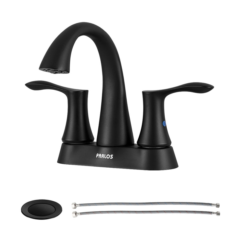 PARLOS Matte Black 2-Handle Bathroom Sink Faucet with Metal Drain Assembly and and Faucet Supply Lines (1.2GPM), 1362504P