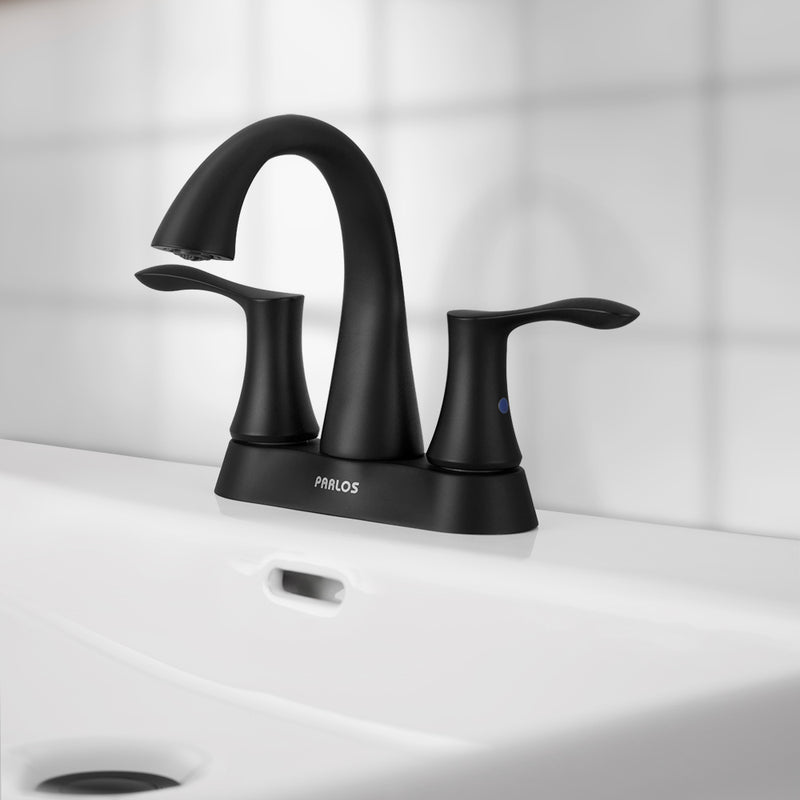 PARLOS Matte Black 2-Handle Bathroom Sink Faucet with Metal Drain Assembly and and Faucet Supply Lines (1.5GPM), 1362504
