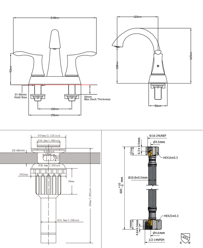 PARLOS 2-Handle Bathroom Sink Faucet with Drain assembly and Water Supply Hose, Brushed Gold, Demeter (1362508)