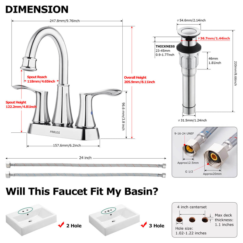 PARLOS Swivel Spout 2-Handle Lavatory Faucet Bathroom Sink Faucet with Metal Pop-up Drain and Faucet Supply Lines, Chrome, 1.2 GPM (1362701P)