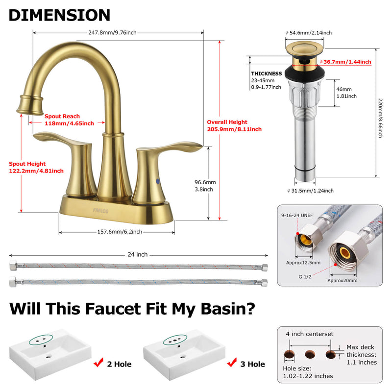 PARLOS Swivel Spout 2-Handle Lavatory Faucet Bathroom Sink Faucet with Metal Pop-up Drain and Faucet Supply Lines, Brushed Gold, 1.2 GPM (1362708P)