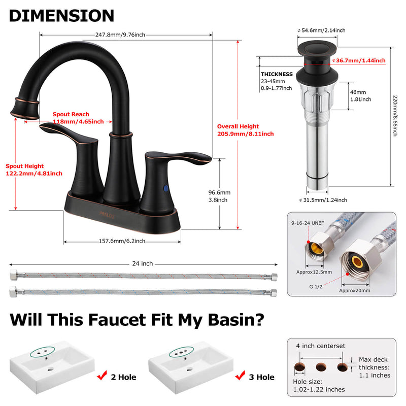 PARLOS Swivel Spout 2-Handle Lavatory Faucet Bathroom Sink Faucet with Metal Pop-up Drain and Faucet Supply Lines, Oil Rubbed Bronze, 1.2 GPM (13628P)