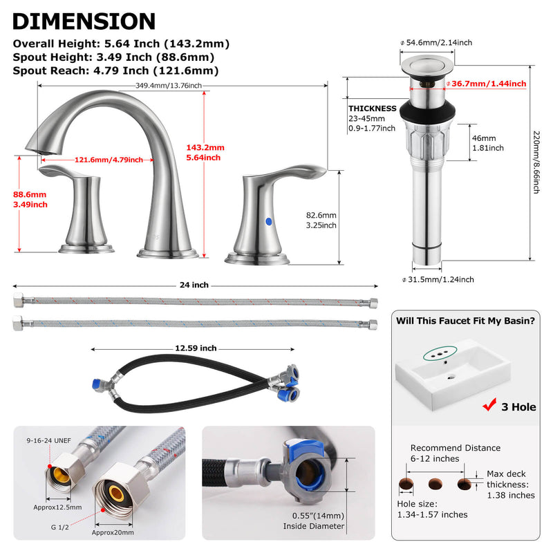 PARLOS Widespread 2 Handles Bathroom Faucet with Metal Pop Up Sink Drain and cUPC Faucet Supply Lines, Brushed Nickel, 1.2 GPM (13647P)