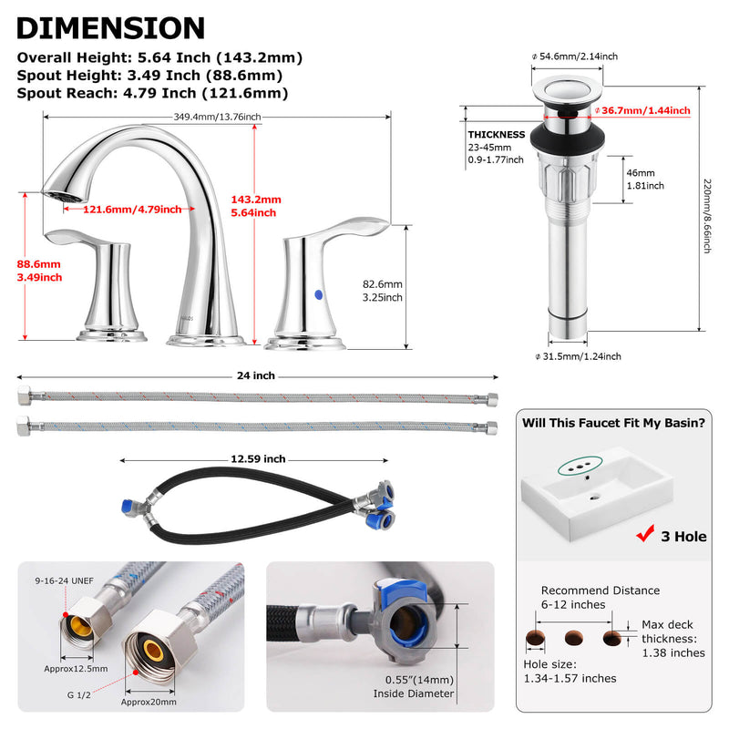 PARLOS Widespread 2 Handles Bathroom Faucet with Metal Pop Up Sink Drain and cUPC Faucet Supply Lines, Chrome, 1.2GPM Demeter 1364701P