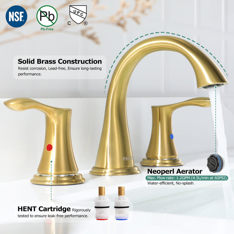 PARLOS Widespread 2 Handles Bathroom Faucet with Metal Pop Up Sink Drain and cUPC Faucet Supply Lines, Brushed Gold, 1.2 GPM (1364708P)