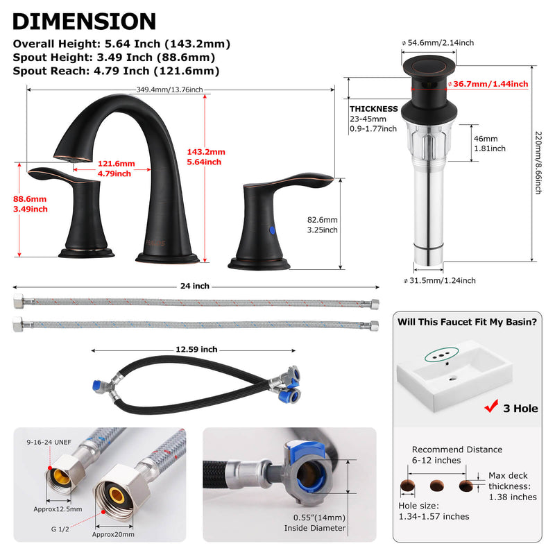 PARLOS Widespread 2 Handles Bathroom Faucet with Metal Pop Up Sink Drain and cUPC Faucet Supply Lines, Oil Rubbed Bronze, 1.2 GPM (13648P)