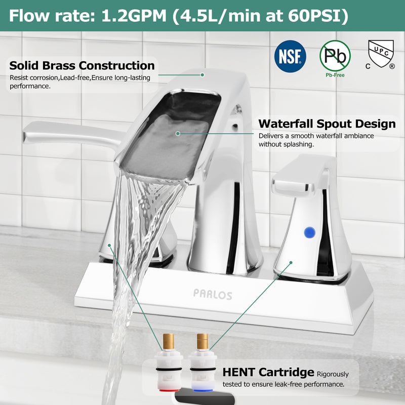 PARLOS 2 Handles Centerset Bathroom Sink Faucet Brass Waterfall Spout with All Metal Pop-up Drain and Faucet Supply Lines, Chrome, 1.2GPM, Doris 1406801P