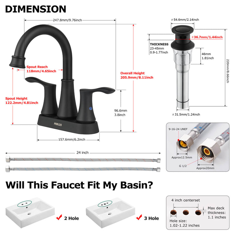 PARLOS Swivel Spout 2-Handle Lavatory Faucet Bathroom Sink Faucet with Metal Pop-up Drain and Faucet Supply Lines, Matte Black, 1.2 GPM 14134P