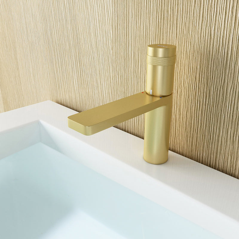 EZANDA Brass Single Handle Bathroom Faucet with Deck Plate, Pop-up Sink Drain Assembly & Faucet Supply Lines, Brushed Gold (1416408)