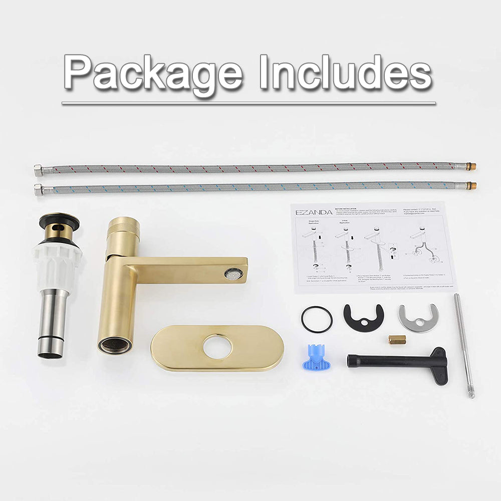 EZANDA Brass Single Handle Bathroom Faucet with Deck Plate, Pop-up Sin