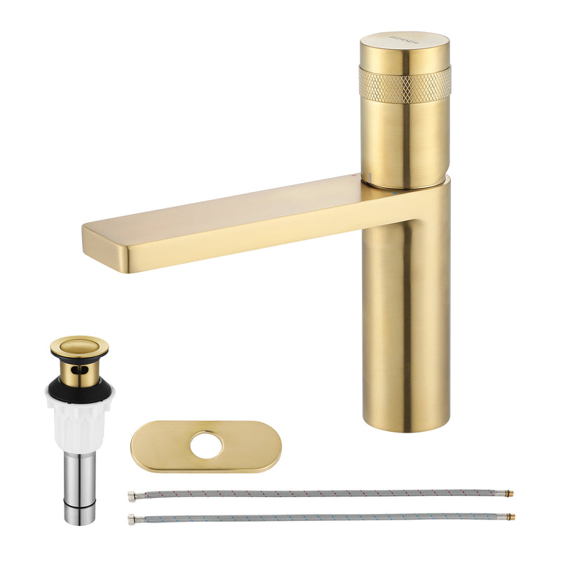 EZANDA Brass Single Handle Bathroom Faucet with Deck Plate, Pop-up Sink Drain Assembly & Faucet Supply Lines, Brushed Gold (1416408)