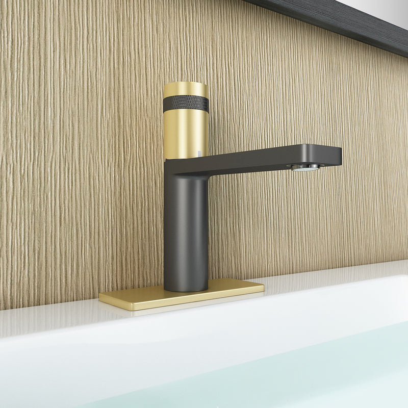 EZANDA Brass Single Handle Bathroom Faucet with Deck Plate, Pop-up Sink Drain Assembly & Faucet Supply Lines,Matte Black with Brushed Gold (1416410)