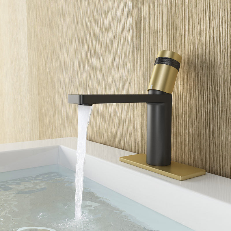EZANDA Brass Single Handle Bathroom Faucet with Deck Plate, Pop-up Sink Drain Assembly & Faucet Supply Lines,Matte Black with Brushed Gold (1416410)