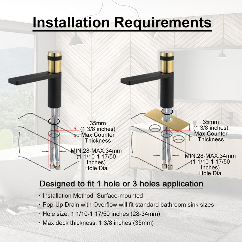 EZANDA Brass Single Handle Bathroom Faucet with Deck Plate, Pop-up Sink Drain Assembly & Faucet Supply Lines,Matte Black with Brushed Gold (1416410)