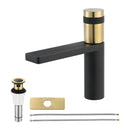 EZANDA Brass Single Handle Bathroom Faucet with Deck Plate, Pop-up Sink Drain Assembly & Faucet Supply Lines,Matte Black with Brushed Gold (1416410)