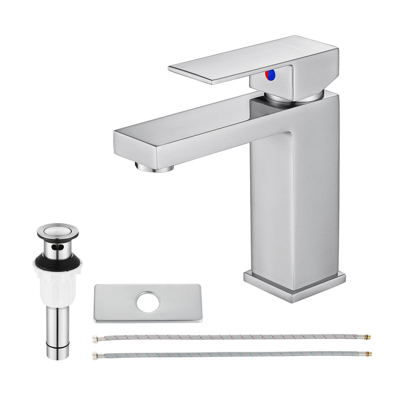 EZANDA Brass Single Handle Bathroom Sink Faucet Lavatory Vanity Pop Up Drain Stopper Water Supply Lines Brushed Nickel (14166)