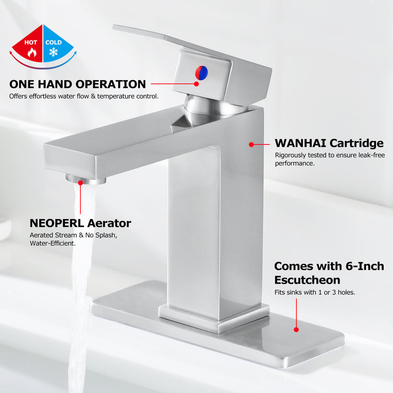 EZANDA Brass Single Handle Bathroom Sink Faucet Lavatory Vanity Pop Up Drain Stopper Water Supply Lines Brushed Nickel (14166)