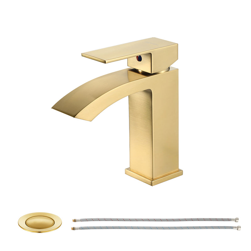 EZANDA Brass Waterfall Bathroom Vanity Faucet Extra Large Rectangular Spout Deck Plate Pop-up Sink Supply Hoses Brushed Gold（1416908）