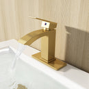 EZANDA Brass Waterfall Bathroom Vanity Faucet Extra Large Rectangular Spout Deck Plate Pop-up Sink Supply Hoses Brushed Gold 1416908