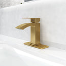 EZANDA Brass Waterfall Bathroom Vanity Faucet Extra Large Rectangular Spout Deck Plate Pop-up Sink Supply Hoses Brushed Gold 1416908