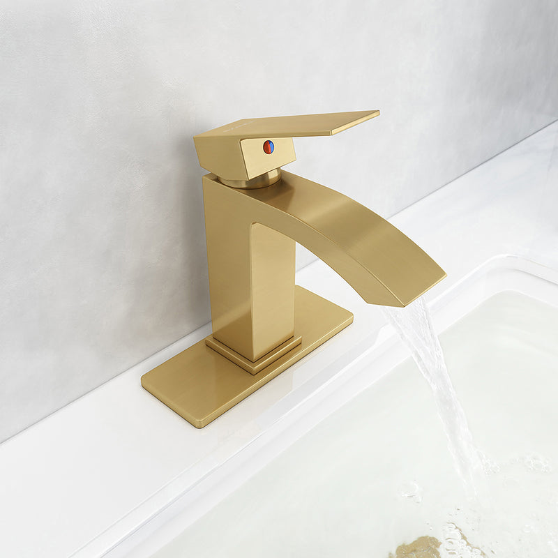 EZANDA Brass Waterfall Bathroom Vanity Faucet Extra Large Rectangular Spout Deck Plate Pop-up Sink Supply Hoses Brushed Gold（1416908）