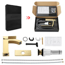 EZANDA Brass Waterfall Bathroom Vanity Faucet Extra Large Rectangular Spout Deck Plate Pop-up Sink Supply Hoses Brushed Gold 1416908