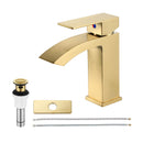 EZANDA Brass Waterfall Bathroom Vanity Faucet Extra Large Rectangular Spout Deck Plate Pop-up Sink Supply Hoses Brushed Gold 1416908