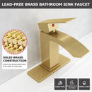 EZANDA Brass Waterfall Bathroom Vanity Faucet Extra Large Rectangular Spout Deck Plate Pop-up Sink Supply Hoses Brushed Gold 1416908