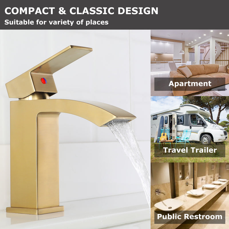 EZANDA Brass Waterfall Bathroom Vanity Faucet Extra Large Rectangular Spout Deck Plate Pop-up Sink Supply Hoses Brushed Gold 1416908