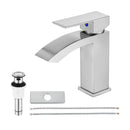 EZANDA Brass Waterfall Bathroom Vanity Faucet Extra Large Rectangular Spout Deck Plate Pop-up Sink Supply Hoses Brushed Nickel 14169