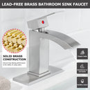 EZANDA Brass Waterfall Bathroom Vanity Faucet Extra Large Rectangular Spout Deck Plate Pop-up Sink Supply Hoses Brushed Nickel 14169