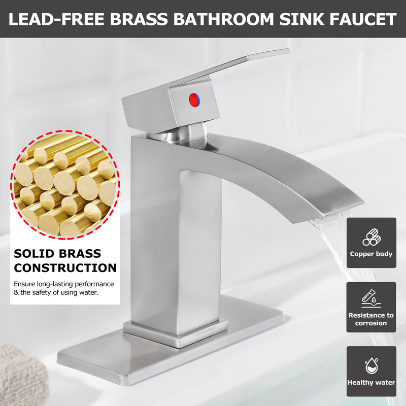 EZANDA Brass Waterfall Bathroom Vanity Faucet Extra Large Rectangular Spout Deck Plate Pop-up Sink Supply Hoses Brushed Nickel 14169