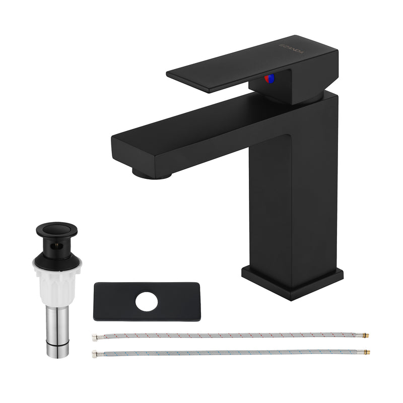 EZANDA Brass Single-Handle Bathroom Sink Faucet with Escutcheon, Pop Up Drain Stopper & Water Supply Hoses, Matte Black (14253)