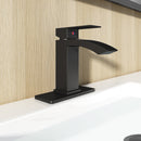 EZANDA Brass Waterfall Bathroom Faucet Large Rectangular Spout Pop-up Drain Assembly & Water Supply Hoses Matte Black 14254